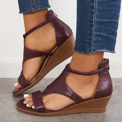 CM | T-Strap Sandalias de cuña baja Volver Cremallera Correa de tobillo Zapatos