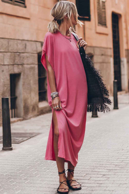 CM | Rosa escote redondo mangas murciélago partido maxi vestido camiseta