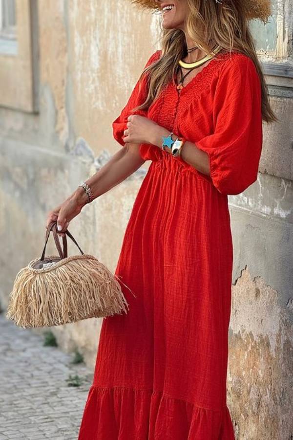 CM | Vestido maxi suelto y fruncido con escote en V