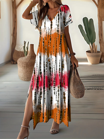 CM | Maxivestido de mujer - Cuello en pico - Estampado abstracto - Mangas cortas - Corte relajado - Aberturas laterales