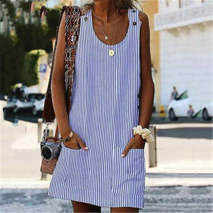 CM | cuello redondo bolsillo a rayas mono botón mono casual falda