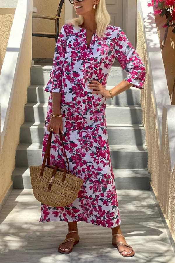 CM | Vestido largo con escote en V y mangas cortas florales