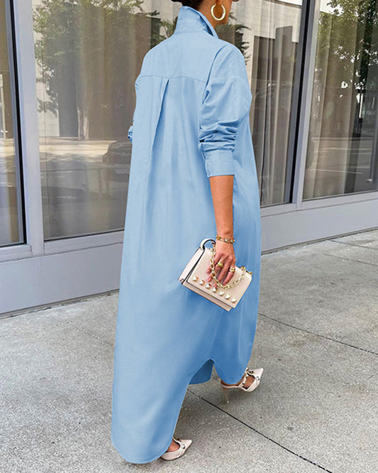 CM | Button Down Maxi Camisas Vestido Manga Larga Cuello V Kaftan Vestido Largo Suelto Abrigo