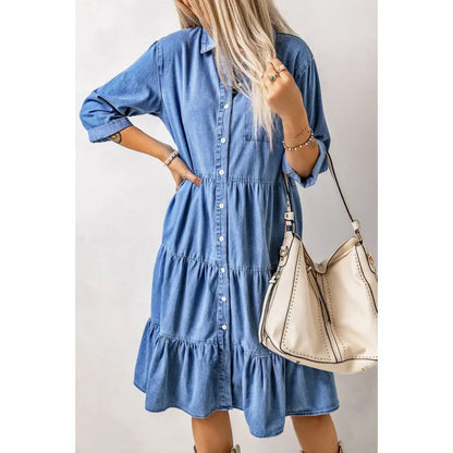 CM | Mini vestido de chambray con volantes y tapeta de botones en denim
