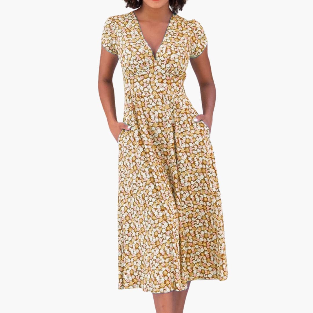 CM | Vestido midi floral de mujer con bolsillos y manga corta