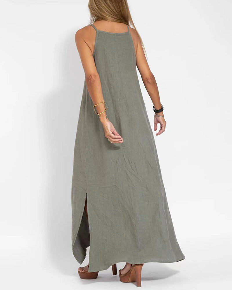 CM | Vestido casual espagueti sin mangas con abertura lateral maxi vestido