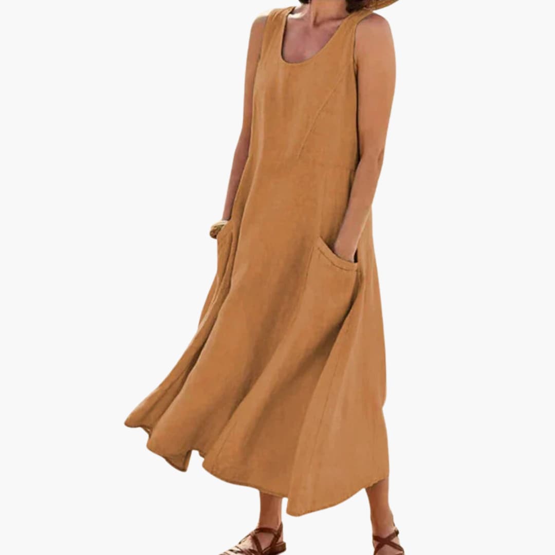 CM | Vestido midi sin mangas de lino para mujer con escote redondo y bolsillos