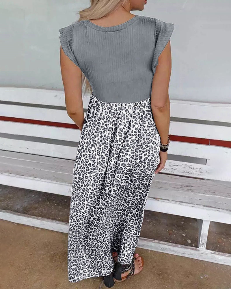 CM | Negro Leopardo Costura Vestido Largo Verano Cintura Adelgazar Maxi Vestido