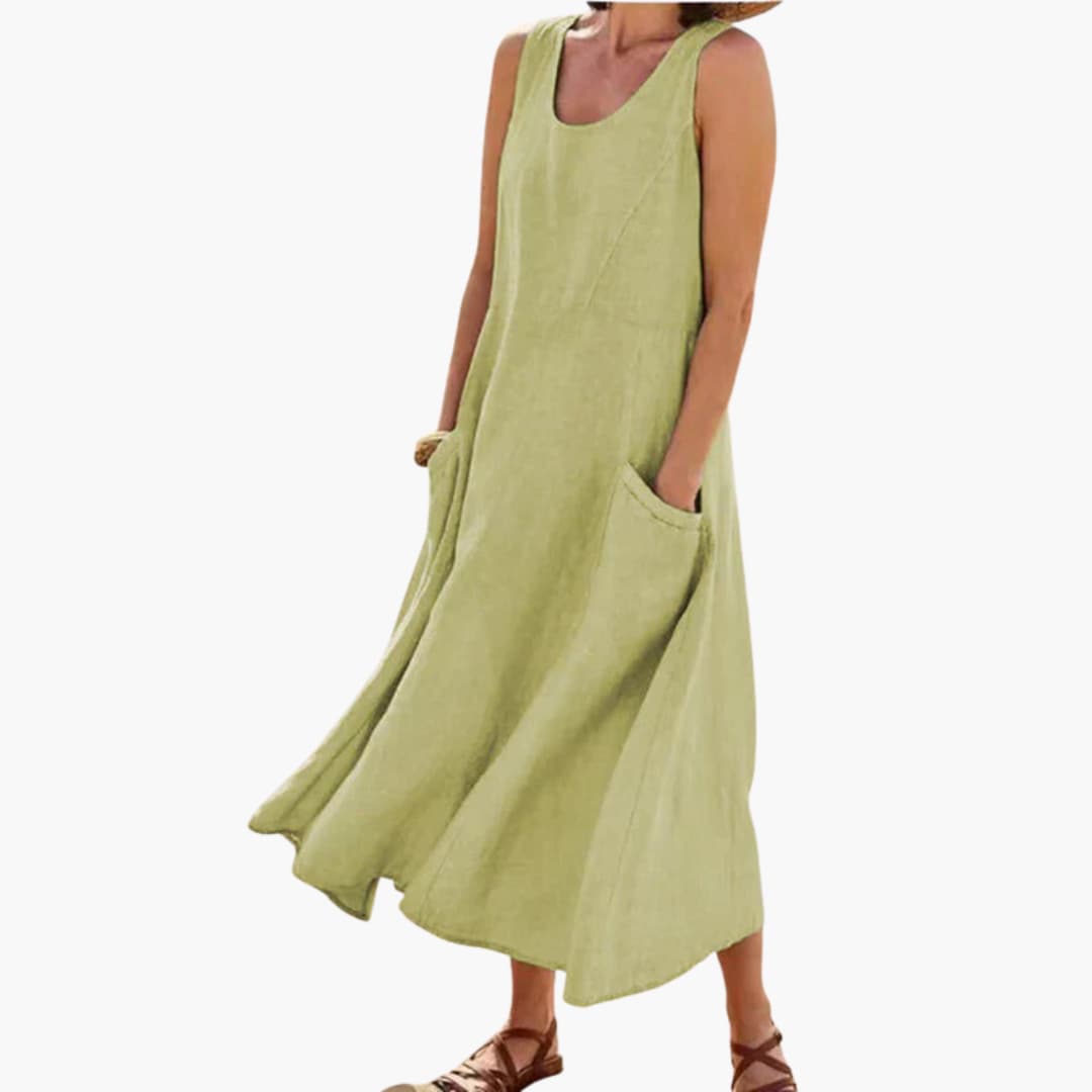 CM | Vestido midi sin mangas de lino para mujer con escote redondo y bolsillos
