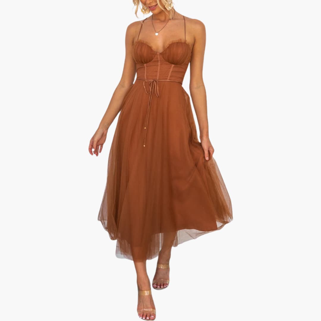 CM | maxi vestido de tul para mujer con tirantes finos y busto fruncido