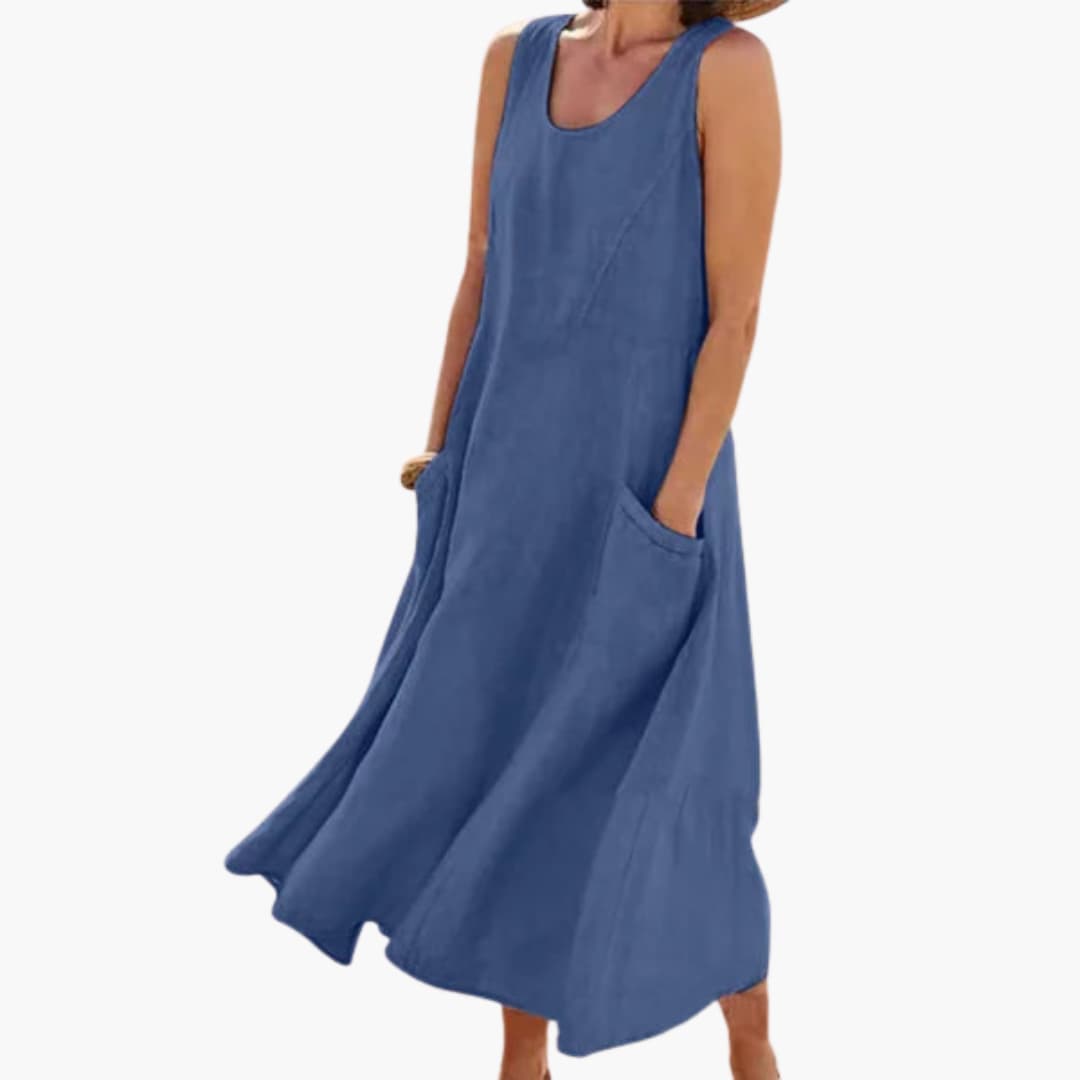 CM | Vestido midi sin mangas de lino para mujer con escote redondo y bolsillos
