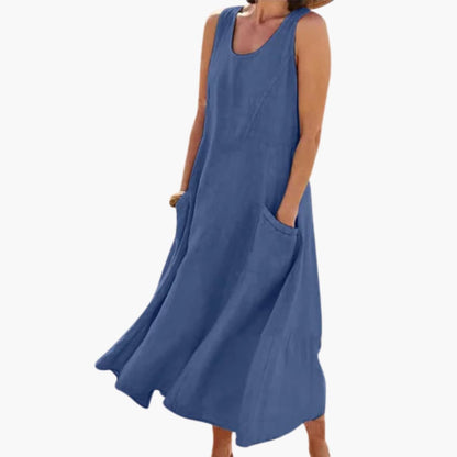 CM | Vestido midi sin mangas de lino para mujer con escote redondo y bolsillos
