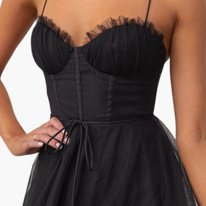 CM | maxi vestido de tul para mujer con tirantes finos y busto fruncido