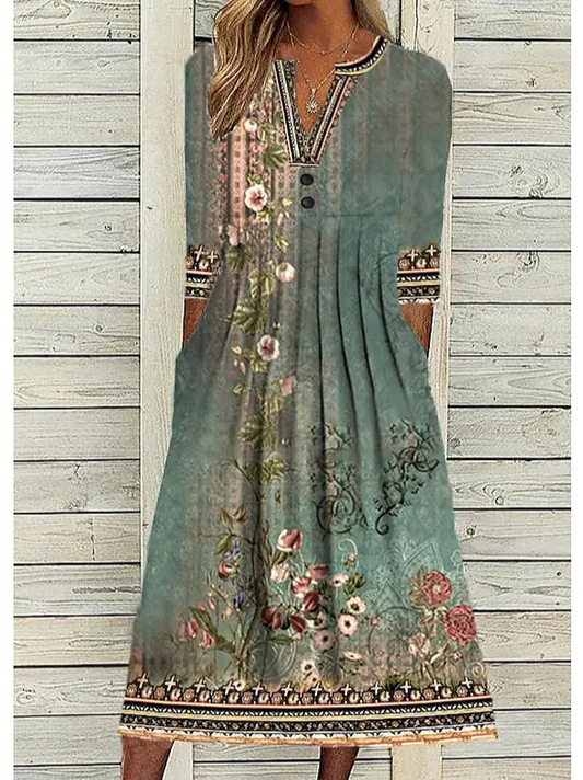CM | Floral Otoño Micro-Elasticidad Diario Jersey Suelto Vestido Largo Tres Cuartos para Mujer AT10098