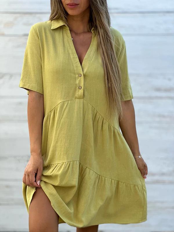 CM | Vestido femenino informal, monocolor, de manga corta, de algodón y lino