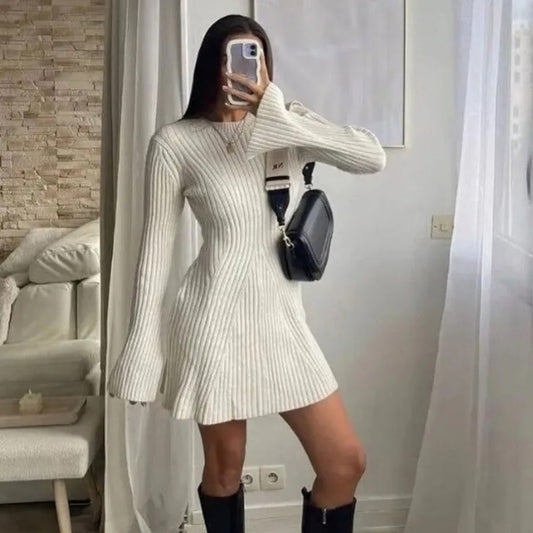 CM | Minivestido de punto de canalé de manga larga para mujer