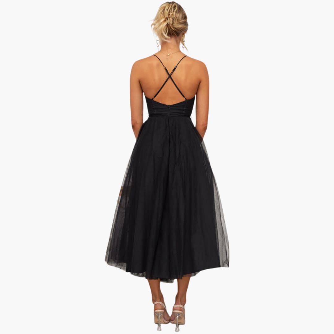 CM | maxi vestido de tul para mujer con tirantes finos y busto fruncido