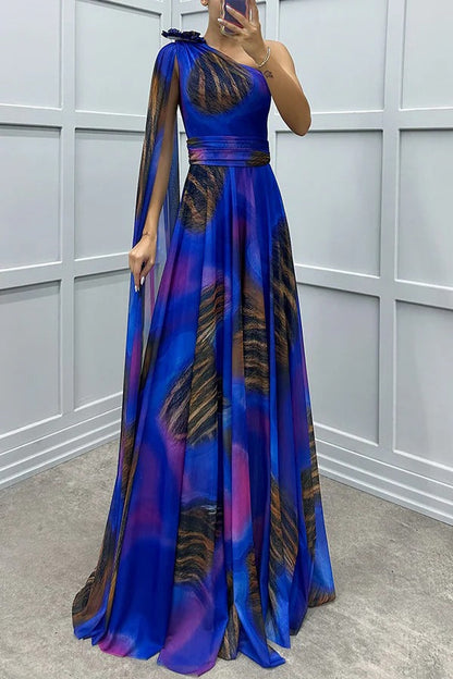 CM | Lucia Impresión única Detalle Floral Un Hombro Vestido Manga Drapeada Maxi Vestido