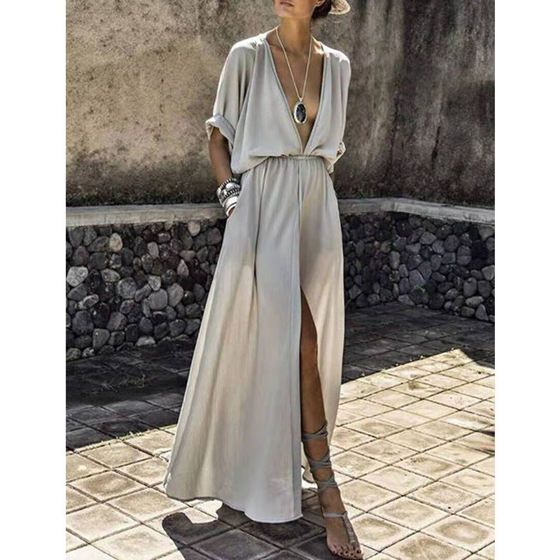 CM | Maxivestido de mujer - Corte relajado - Cuello en V profundo - Abertura frontal - Mangas medias - Tejido fluido