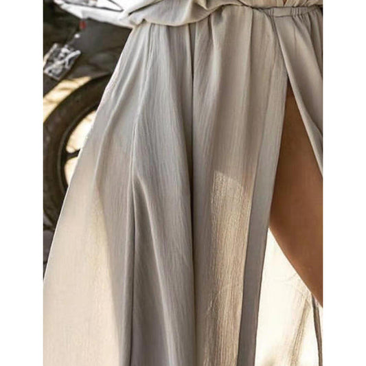 CM | Maxivestido de mujer - Corte relajado - Cuello en V profundo - Abertura frontal - Mangas medias - Tejido fluido