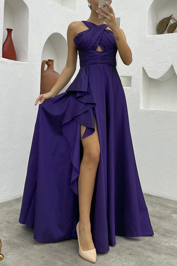 CM | Perfect Soiree escote cruzado lazada en la espalda volante abertura maxi vestido