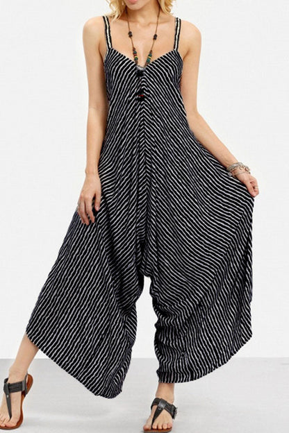 CM | Fashion Casual Striped Patchwork Spaghetti Strap Loose Jumpsuits