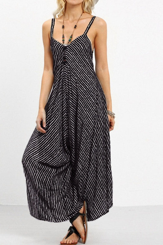CM | Fashion Casual Striped Patchwork Spaghetti Strap Loose Jumpsuits