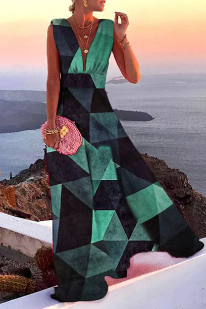 CM | Maxivestido de mujer - Corte vaporoso - Escote en pico - Sin mangas - Estampado geométrico - Mezcla de algodón