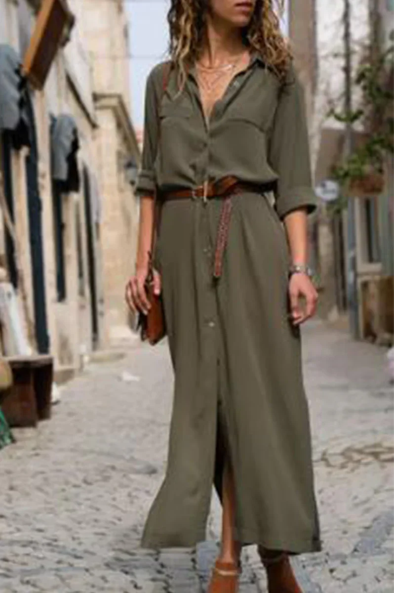 CM | Vestido camisero informal con cuello vuelto y patchwork monocromo (6 colores)