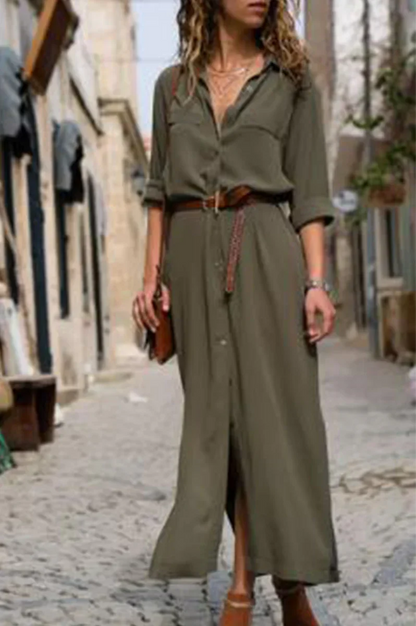 CM | Vestido camisero informal con cuello vuelto y patchwork monocromo (6 colores)