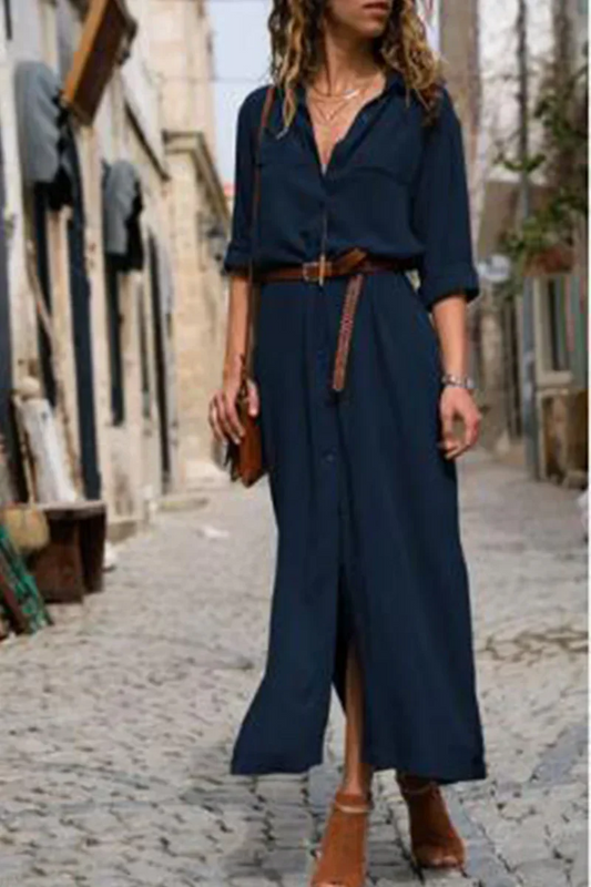 CM | Vestido camisero informal con cuello vuelto y patchwork monocromo (6 colores)