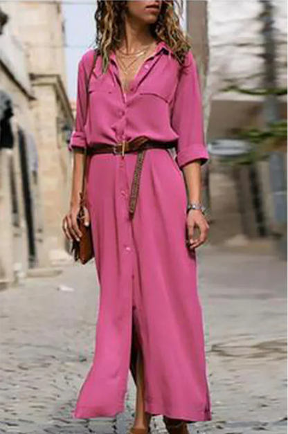 CM | Vestido camisero informal con cuello vuelto y patchwork monocromo (6 colores)