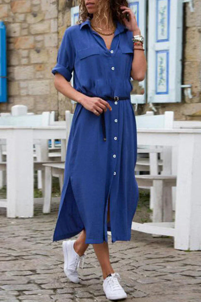 CM | Vestido camisero informal con cuello vuelto y patchwork monocromo (6 colores)