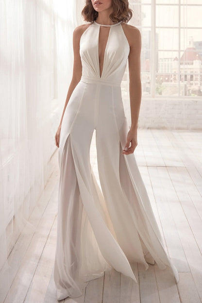 CM | Sexy Casual Solid Hollowed Out Patchwork Backless O Neck Regular Jumpsuits