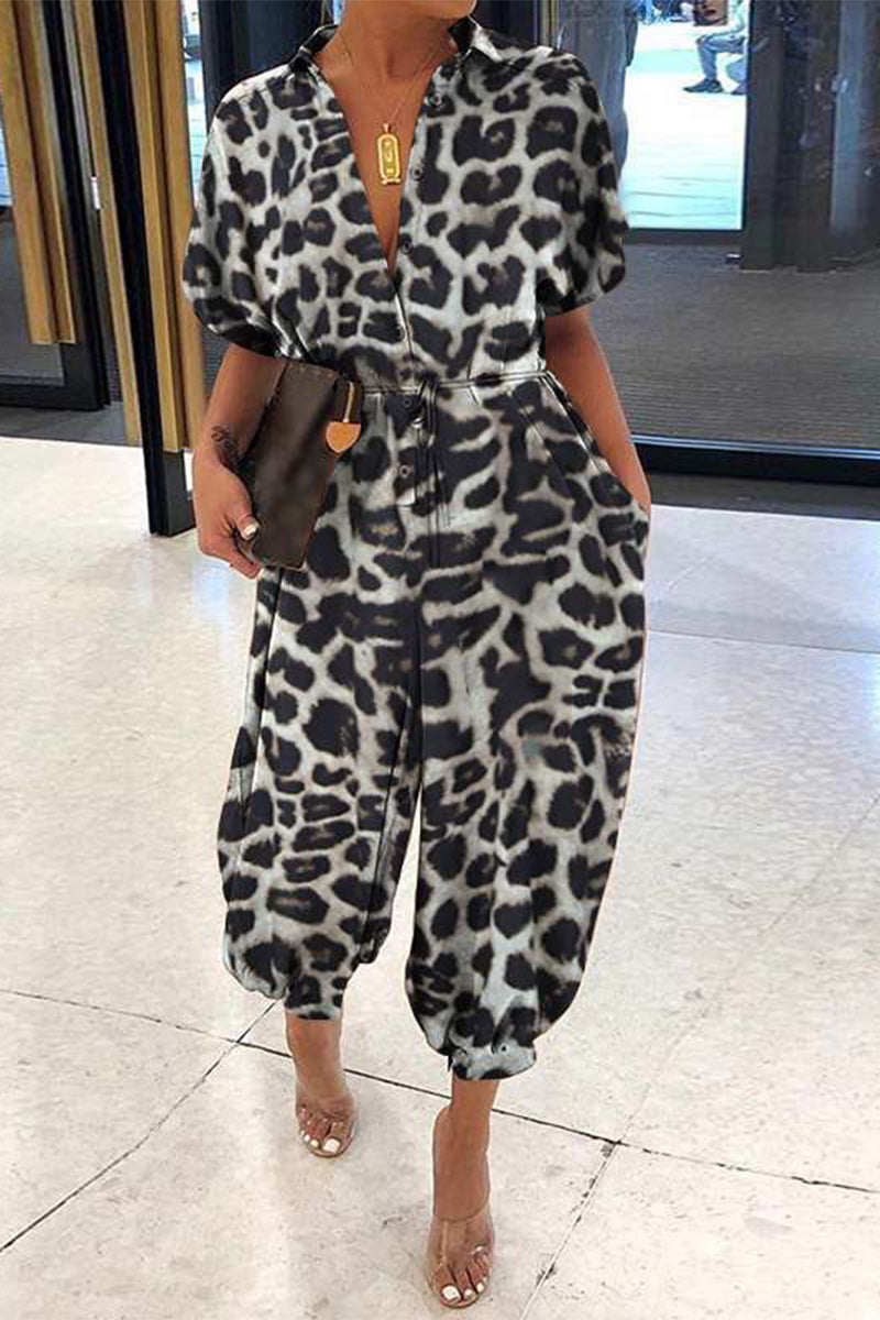CM | Plus Size Casual Vintage Leopard Frenulum Print Loose Jumpsuits