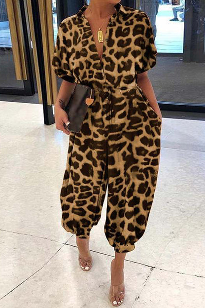 CM | Plus Size Casual Vintage Leopard Frenulum Print Loose Jumpsuits