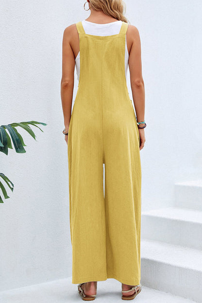CM | Casual vacaciones botones sólidos cuello cuadrado monos sueltos (10 colores)