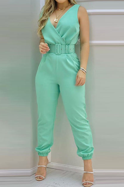 CM | Sexy Casual Solid Backless With Belt V Neck Regular Jumpsuits