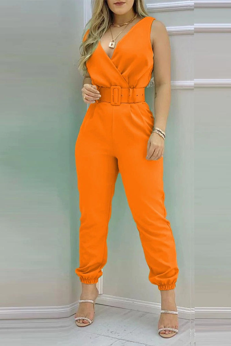 CM | Sexy Casual Solid Backless With Belt V Neck Regular Jumpsuits