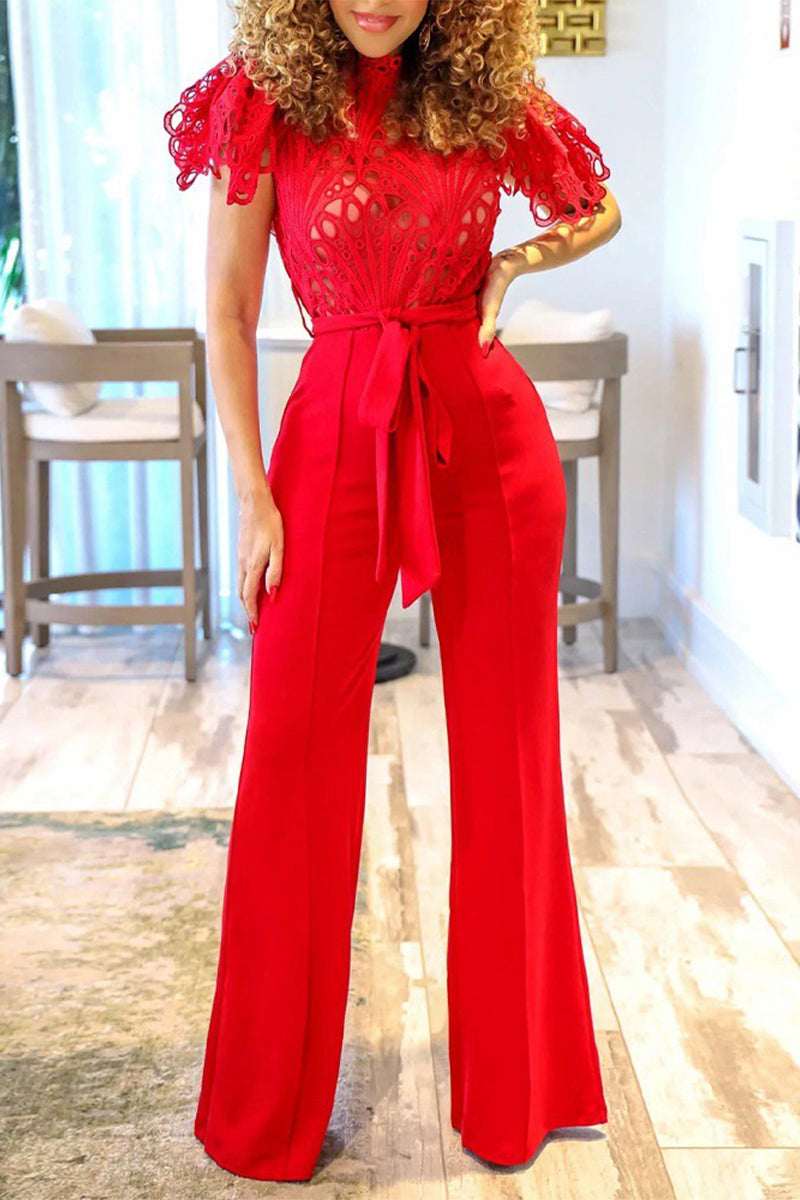 CM | Casual Street Solid Hollowed Out Mandarin Collar Regular Jumpsuits