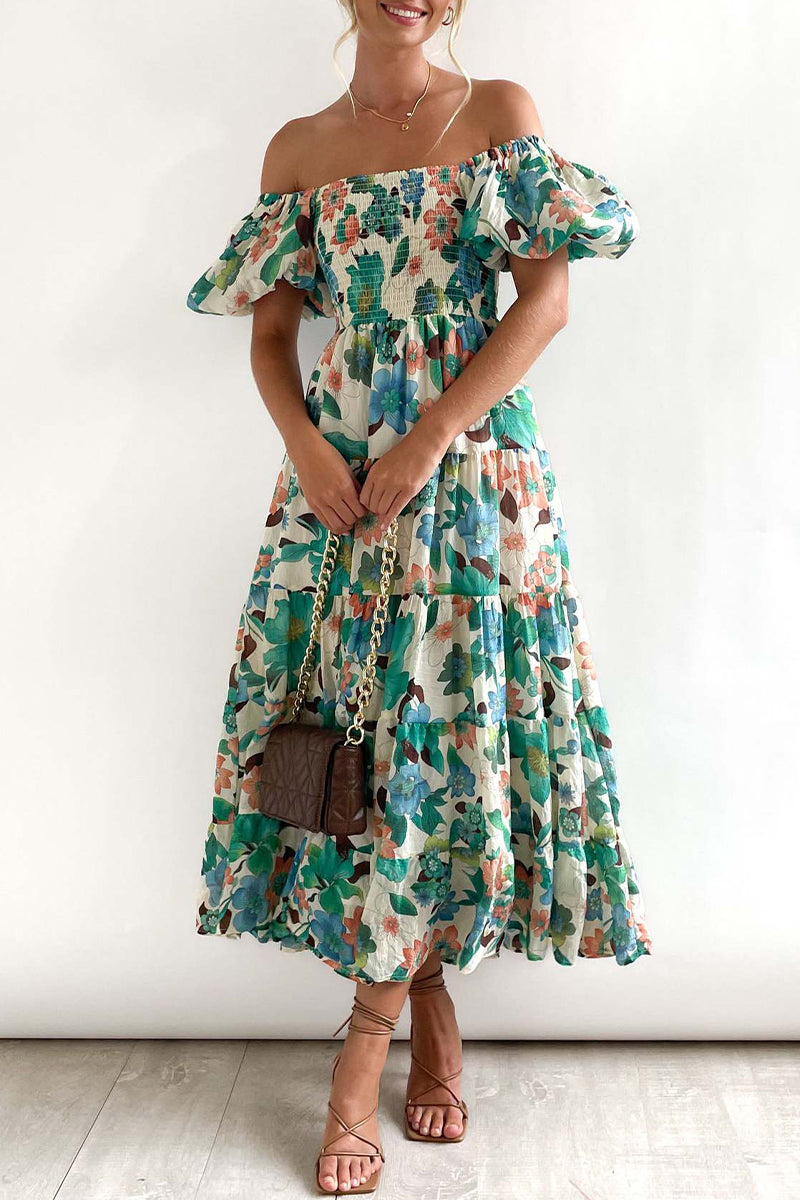 CM | Vestido largo estampado con hombros descubiertos