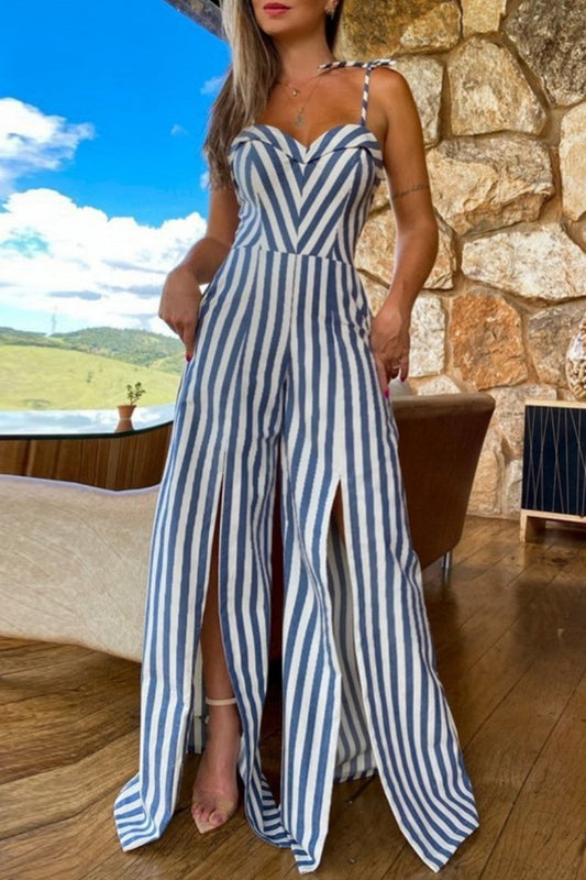CM | Sexy Casual Striped Print Bandage Backless Slit Spaghetti Strap Regular Jumpsuits