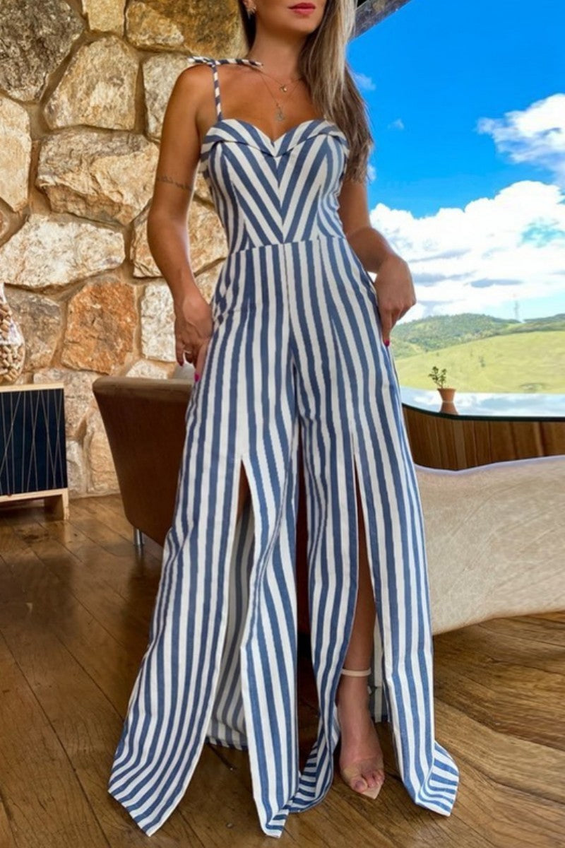CM | Sexy Casual Striped Print Bandage Backless Slit Spaghetti Strap Regular Jumpsuits