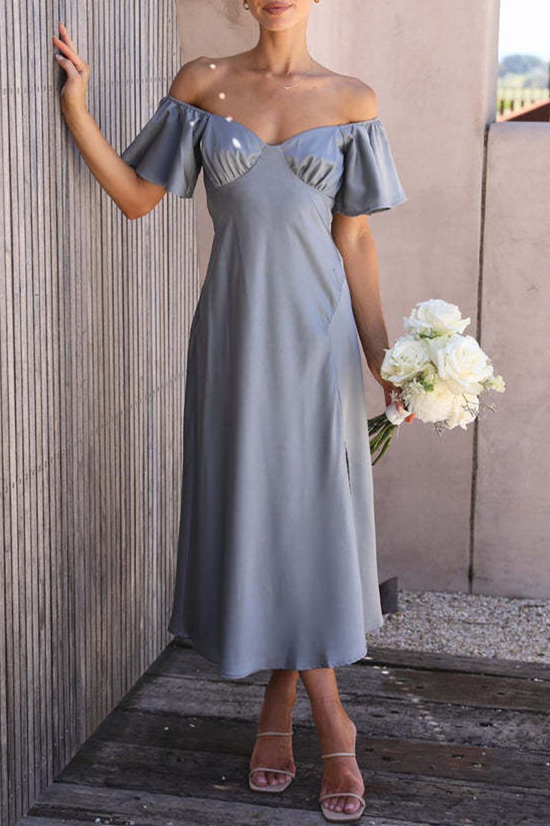 CM | Vestido midi de satén con estampado bardot
