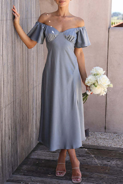 CM | Vestido midi de satén con estampado bardot
