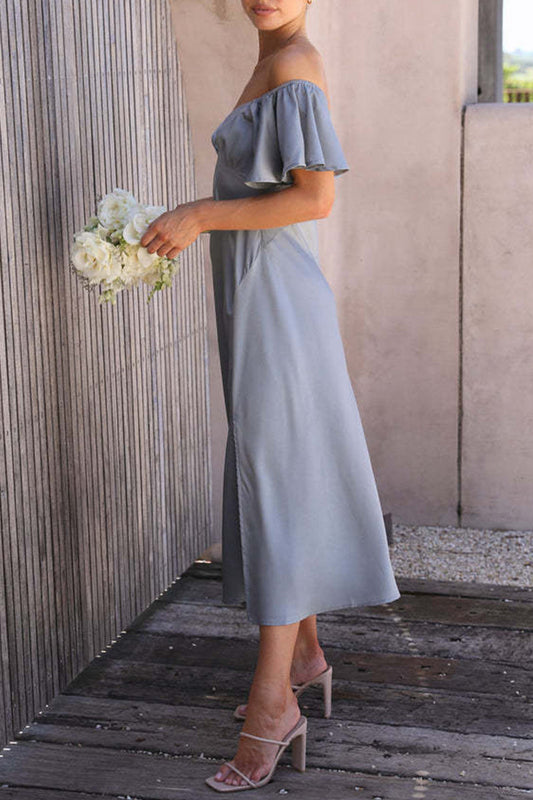 CM | Vestido midi de satén con estampado bardot