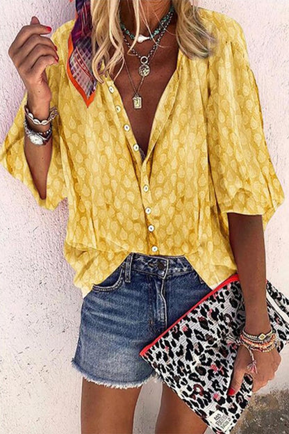 CM | Casual Imprimir Botones Cuello vuelto Blusas (6 Colores)