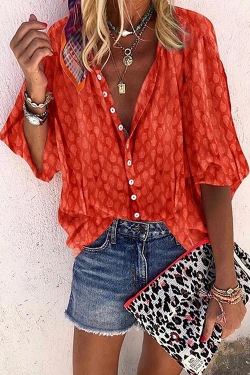 CM | Casual Imprimir Botones Cuello vuelto Blusas (6 Colores)