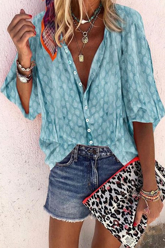 CM | Casual Imprimir Botones Cuello vuelto Blusas (6 Colores)