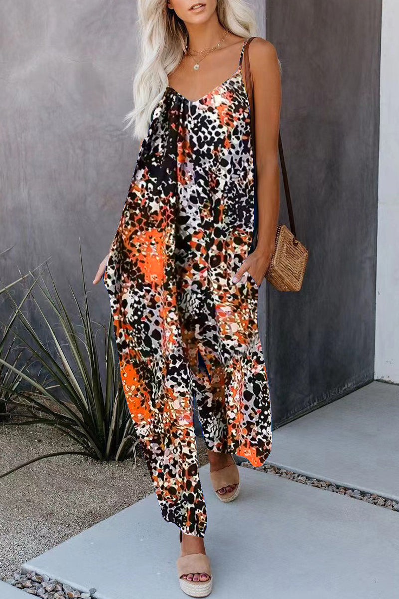 CM | Casual Street Print Pocket V-Neck Loose Jumpsuits